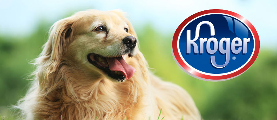 A golden retriever is sitting in front of a kroger logo.